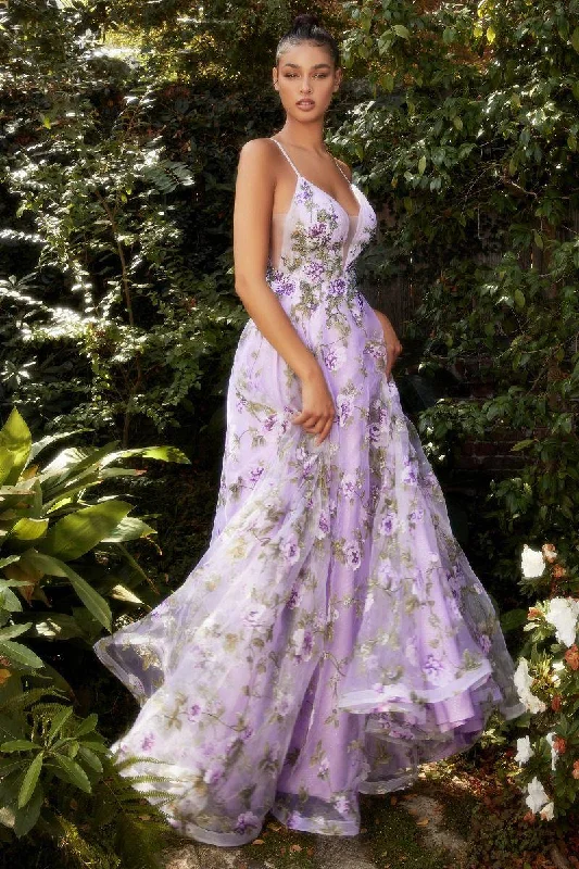 prom dresses with illusion panelsLisianthus Printed Organza A-Line V-neck Formal Floral Bodice Long Prom & Gala Dress CDA1135