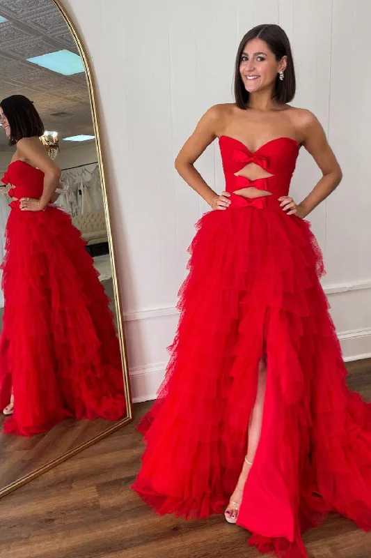 luxury prom dressesRed Strapless A-line Layers Bows Long Prom Dress with Slit