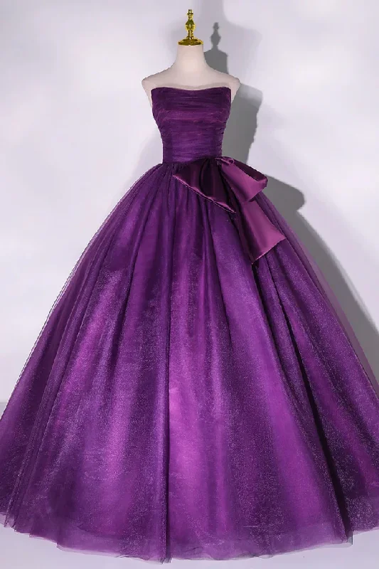 open-back prom dressesPurple Strapless A-Line Tulle Ball Gown Bowknot Formal Prom Dress MD7217