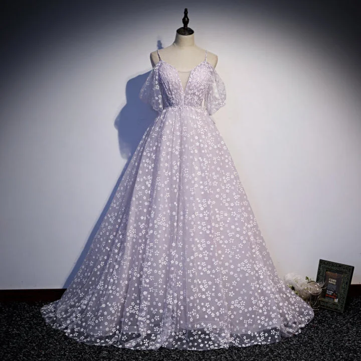 prom dress try-on ideasPrincess Lilac Floral Prom Dress with Cold Sleeves M5514