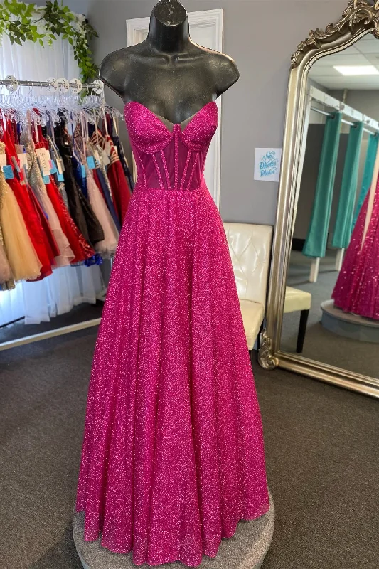 prom dresses with pocketsFuchsia A-line Strapless Sequins Long Prom Dress