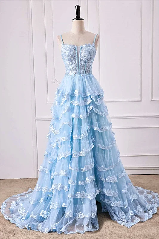 bespoke prom dressesLight Blue Spaghetti Straps Floral Layers A-line Long Prom Dress with Slit