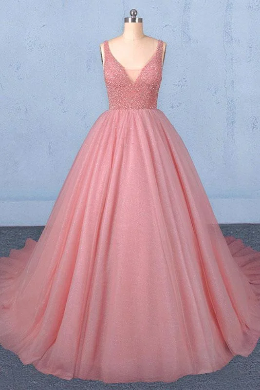 mermaid prom dressesBall Gown V Neck Tulle Prom Dress with Beads, Puffy Sleeveless Quinceanera Dresses M1850