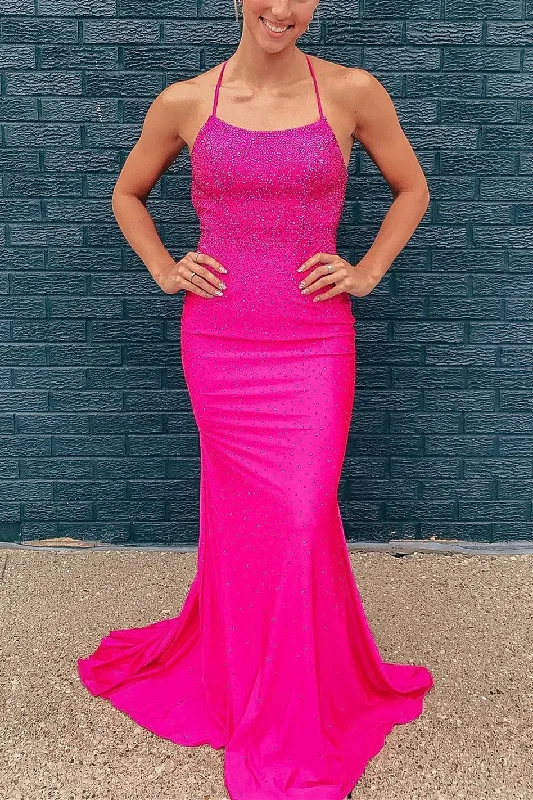 prom dresses for summerNeon Pink Beaded Mermaid Long Prom Dress