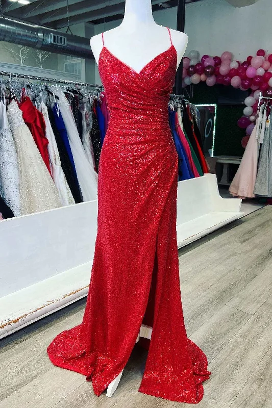 sequined prom dressesRed Sequin Lace-Up Back Mermaid Long Prom Dress with Slit