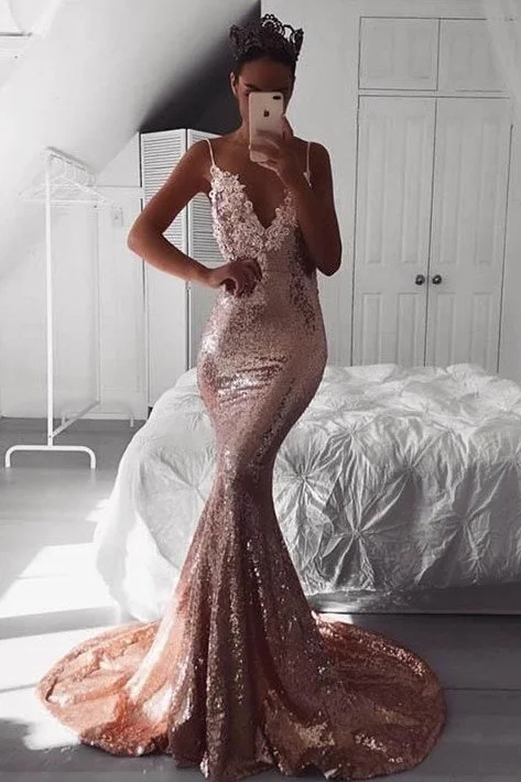 floral prom dressesSexy Rose Gold Sequins Mermaid Long Prom Dress