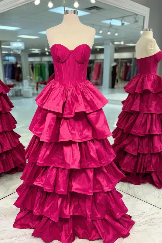 prom dresses with trainsFuchsia Strapless Layers A-line Long Prom Dress