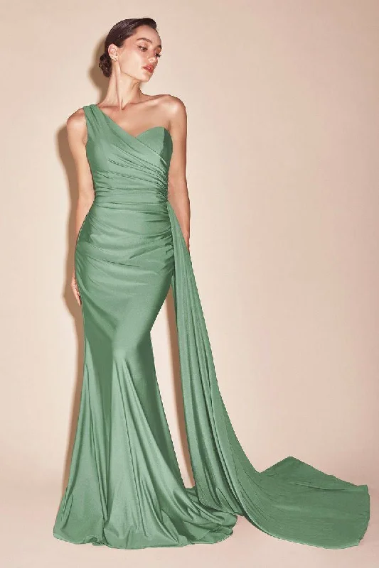 plus-size prom dressesOne Shoulde Stretch Satin Mermaid Side Hip Sash Long Prom Dress CDPT004