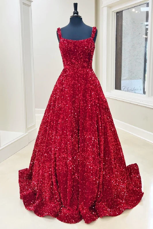 prom dresses for summerRed Sequin Square Neck Backless A-Line Long Prom Gown