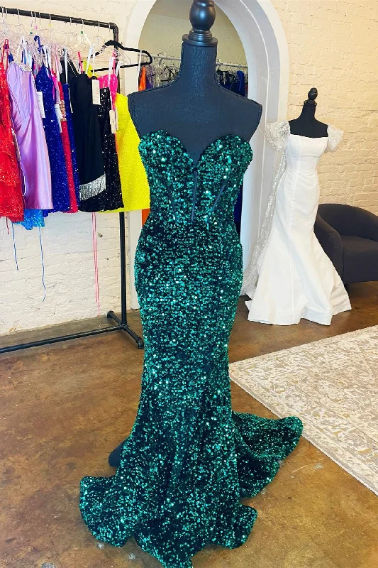 illusion sleeve prom dressesHunter Green Strapless Mermaid Sequins Long Prom Dress