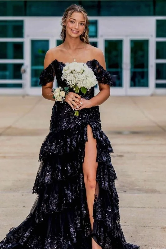 fitted prom dressesBlack Sequin Tulle Mermaid Ruffles Long Prom Dress