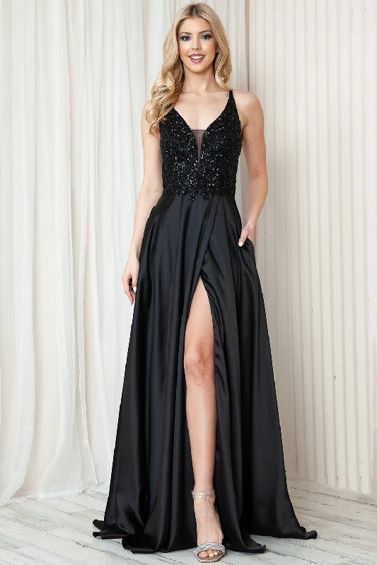 plus-size prom dressesFront Slit Embroidered Bodice Straps Satin Skirt Long Prom Dress AC6120