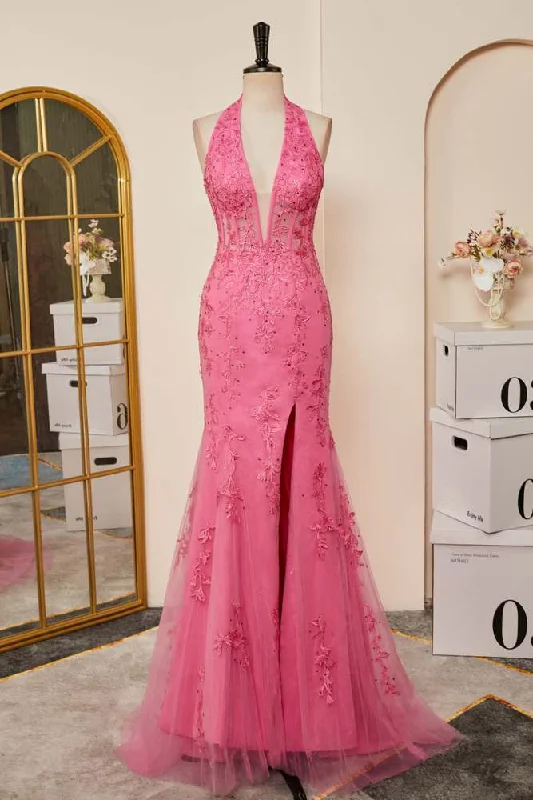 prom dresses with illusion panelsPink Plunging Halter Appliques Mermaid Long Prom Dress with Slit