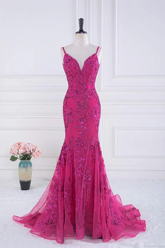 prom dress shopping tipsFuchsia Spaghetti Straps Mermaid Sequined Embroidery Long Prom Dress