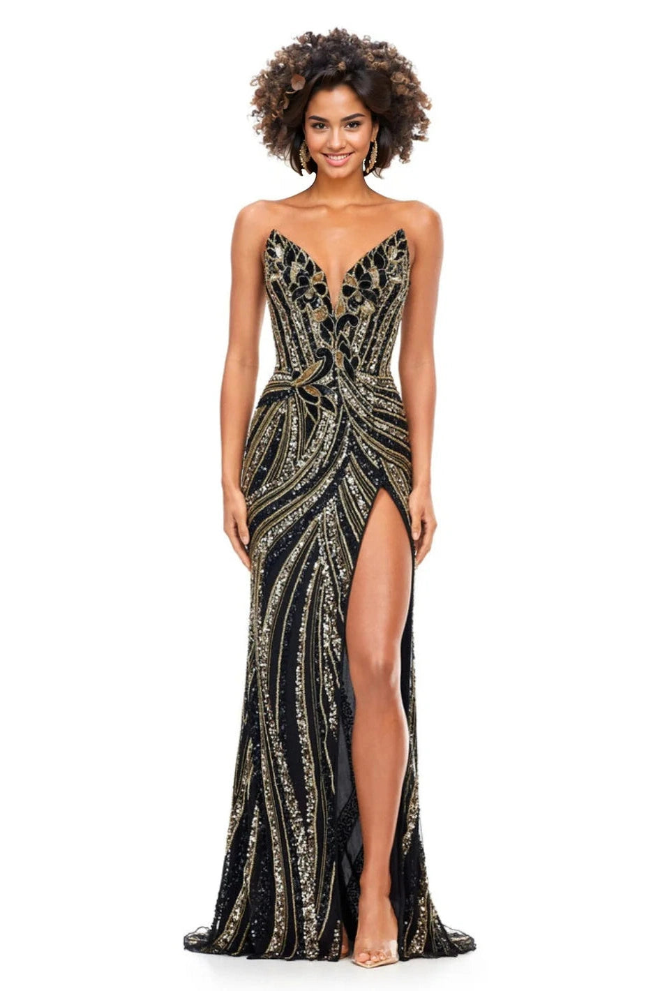 silk prom dressesLong Fitted V Neck Slit Beaded Sequin Prom Dress Pageant Gown