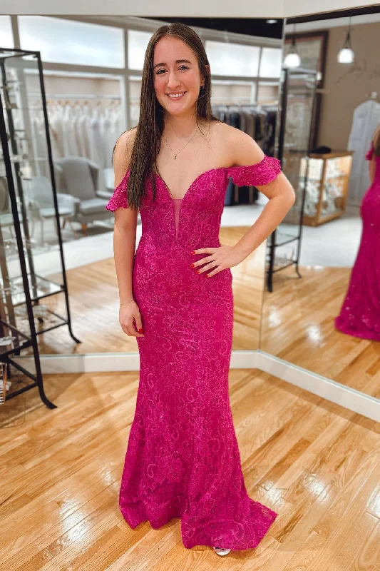 open-back prom dressesFuchsia Plunging Off-Shoulder Mermaid Lace Long Prom Dress