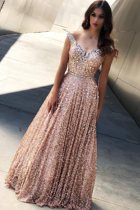 prom dress fitting adviceSparkly Off Shoulder A-Line Rose Gold Sequin Long Prom Dress