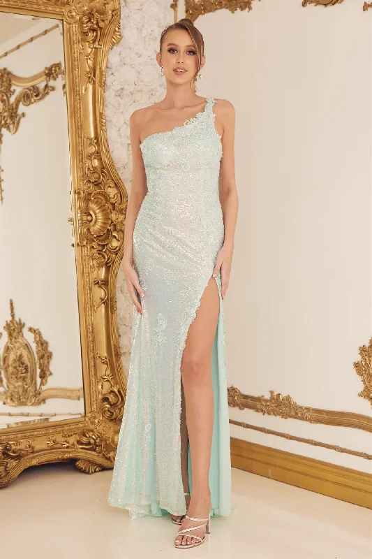 prom dresses with trainsOne Shoulder Embroidered Sequins Side Slit Long Prom Dress NXD1158