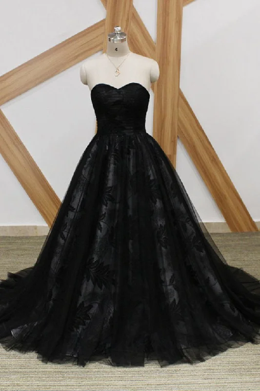 budget-friendly prom dressesBlack Lace Strapless Long Sweet 16 Prom Dress, Long Tulle Graduation Dress M1626