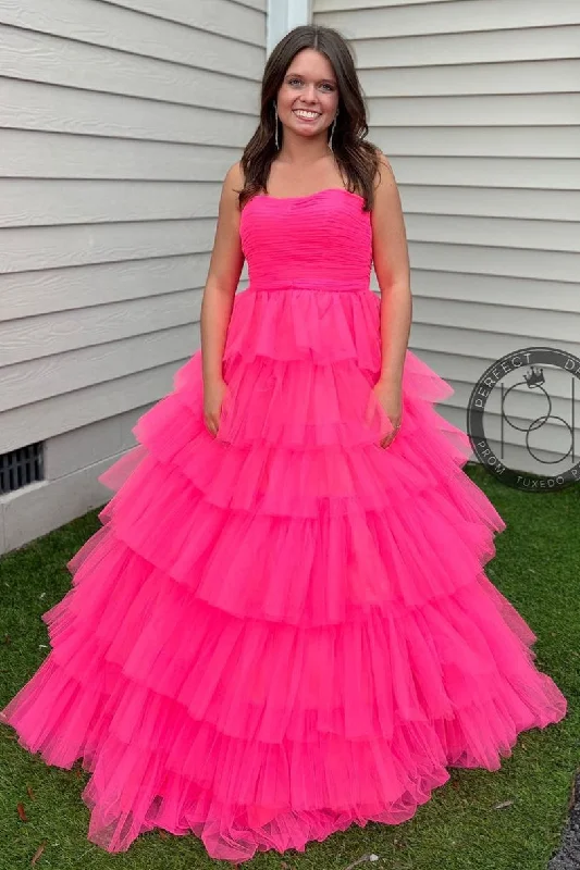 silk prom dressesFuchsia Strapless Ruffle Layers Pleated Long Prom Dress