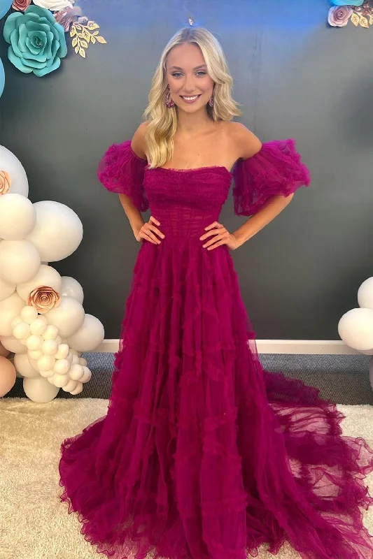 high-low prom dressesFuchsia Strapless Tulle A-line Ruffles Long Prom Dress