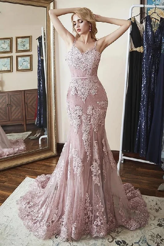 plus-size prom dressesPrincess Mermaid Pink Long Prom Dress with Lace Appliques