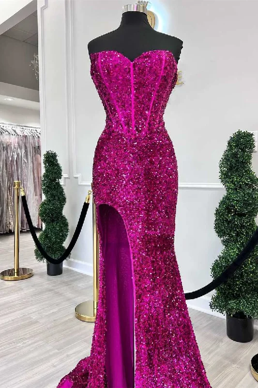 short prom dressesFuchsia Sequin Strapless Mermaid Long Prom Dress with Slit