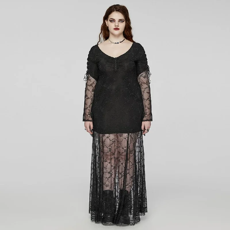 maxi prom dressesWomen's Plus Size Gothic Flared Sleeved Lace-up Lace Prom Dress