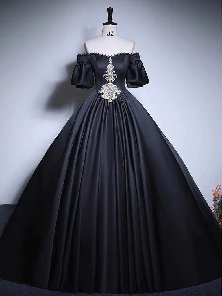 prom dresses with detachable sleevesBlack A-Line Satin Long Prom Dress, Black Satin Long Formal Dress MD7172