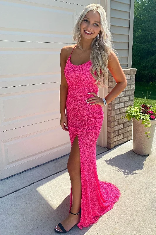 beaded prom dressesGlitters Hot Pink Mermaid Long Prom Dress with Slit