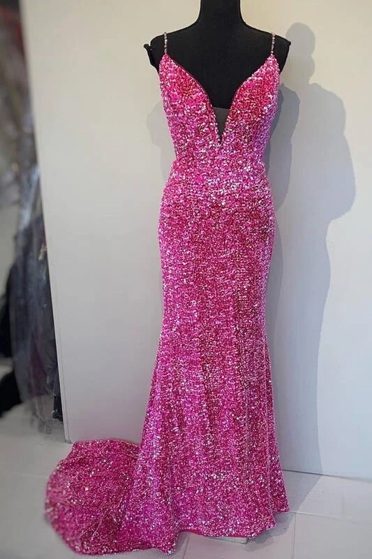 elegant prom dressesSparkle Mermaid Hot Pink Long Prom Dress