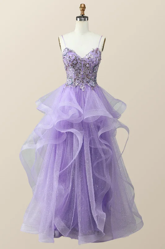 prom dresses with pocketsBeaded Lavender Ruffles A-line Long Prom Dress