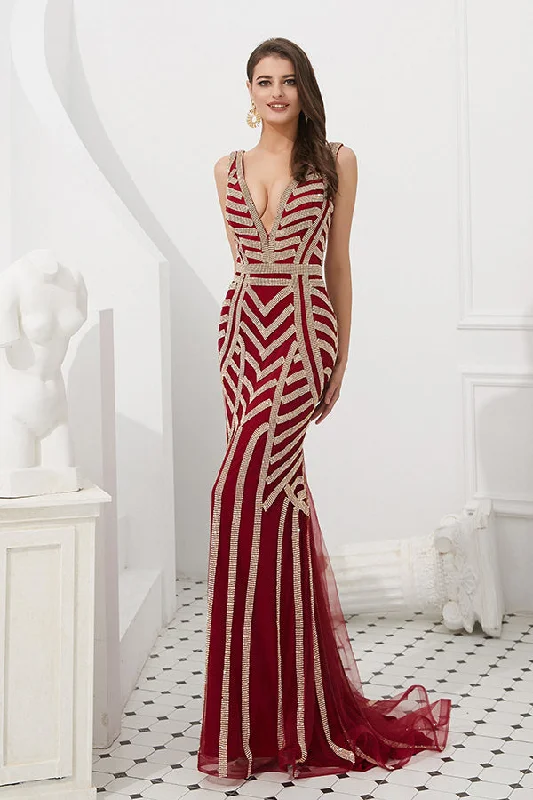 budget-friendly prom dressesDark Red Mermaid Long Prom Dress with Beading