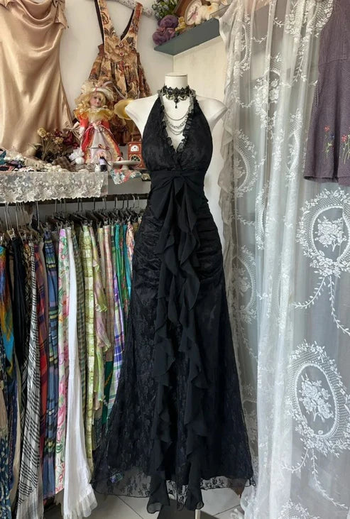 prom dresses for tall girlsBlack V Neck Halter A-Line Lace Vintage Long Prom Dress, D24