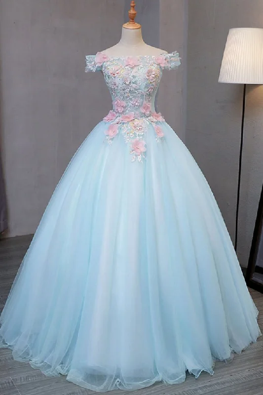 fitted prom dressesSky Blue Tulle Princess Off Shoulder Long Prom Dress, Quinceanera Dressses with Flowers M1763