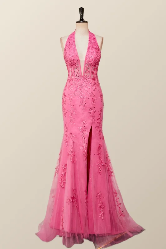 prom dresses with sheer overlaysHalter Hot Pink Lace Mermaid Prom Dress