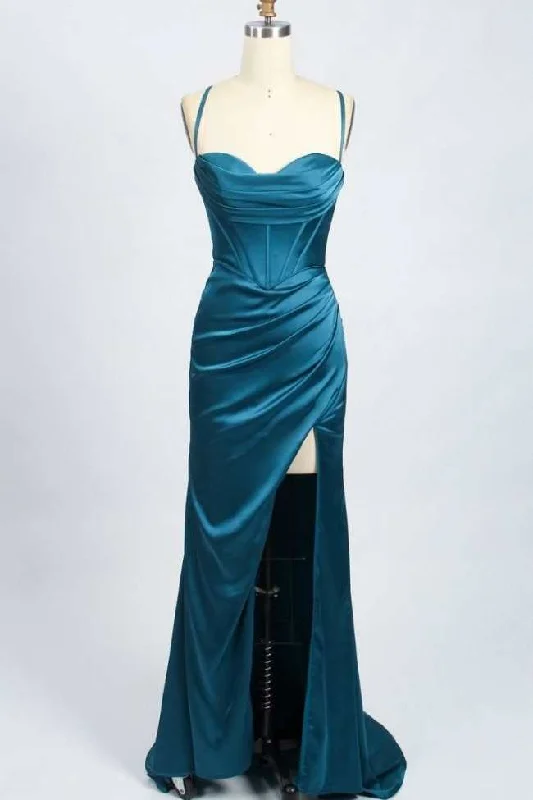 lace-up prom dressesTeal Blue Cowl Neck Mermaid Long Prom Dress with Slit