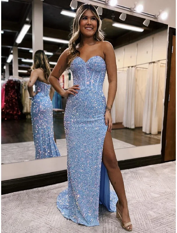 prom dresses for summerMermaid / Trumpet Prom Dresses Sparkle & Shine Dress Formal Court Train Sleeveless Sweetheart Sequined Backless with Sequin Slit