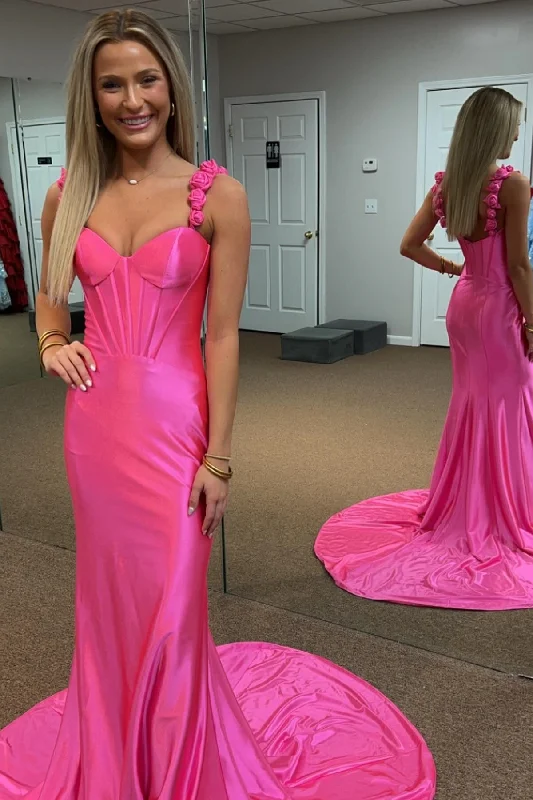 convertible prom dressesHot Pink Floral Straps Mermaid Satin Long Prom Dress