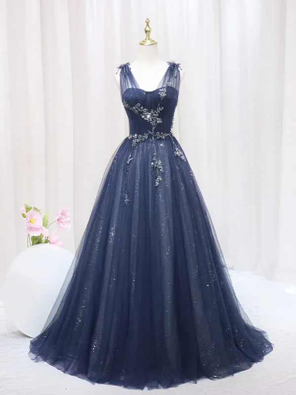 lace-up prom dressesElegant Navy Straps A-Line Tulle Long Prom Dress MD7205