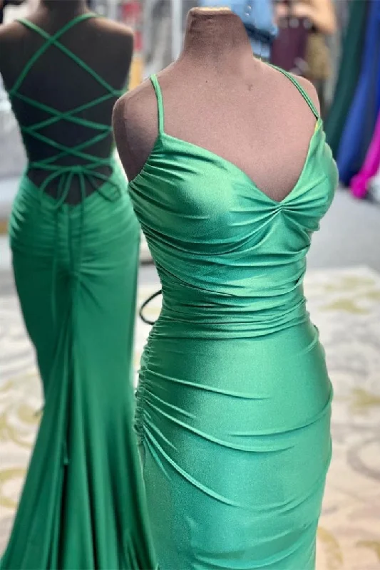 prom dresses for pear shapesElegant Green Mermaid Spaghetti Straps Long Prom Dress