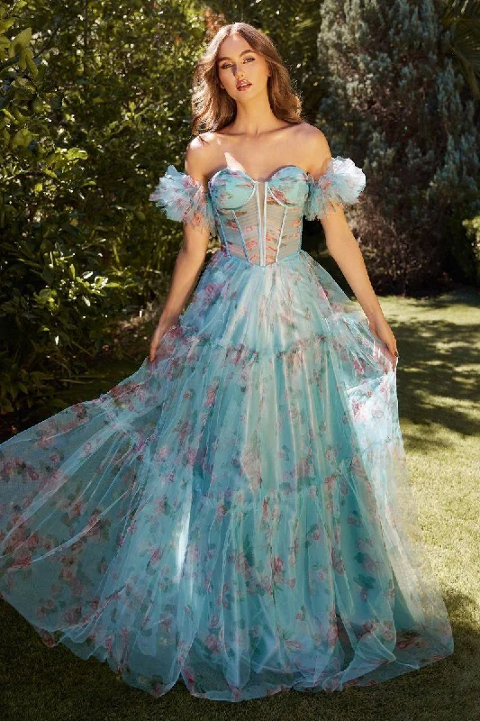 prom dress accessoriesBlue Floral Printed Off Shoulder Sheer Bodice Long Prom Dress CDA1285