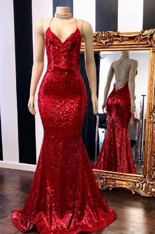 classic prom dressesMermaid Criss Back Red Sequins Long Prom Dress