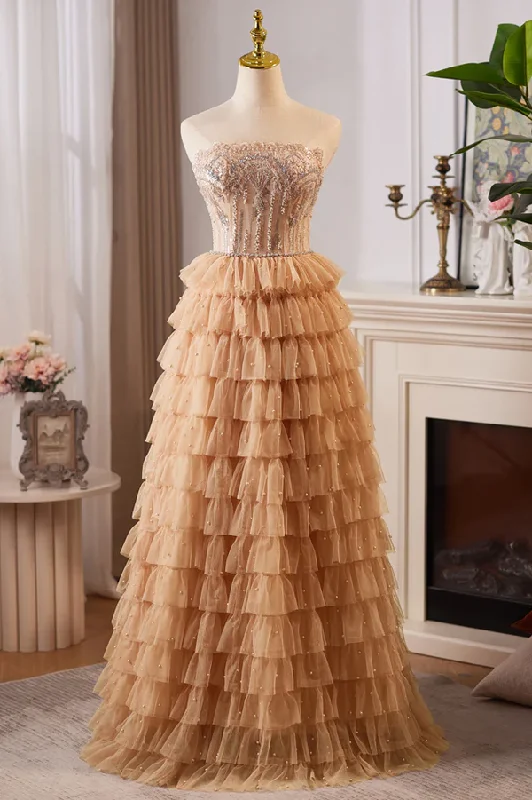 backless prom dressesChampagne Gold Strapless A-Line Tulle Tiered Long Formal Prom Dress MD7596