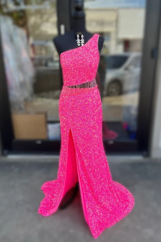 prom dresses for fallFuchsia One Shoulder Sequins Tassels Cut-Out Long Prom Dress with Slit