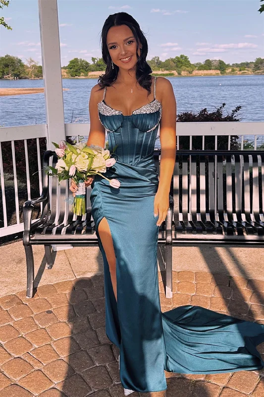 illusion sleeve prom dressesInk Blue Beaded Mermaid Straps Satin Long Prom Dress with Slit