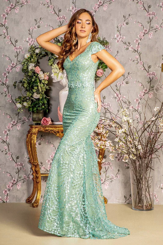 lace prom dresses3D Flower Glitter Sheer Neckline Mesh Mermaid Long Prom Dress GLGL3414