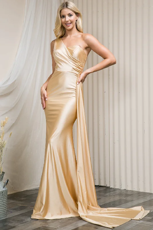 prom dresses with illusion panelsOne Shoulder Fit & Flare Lycra Eleganr Side Cape Long Prom Dress AC387