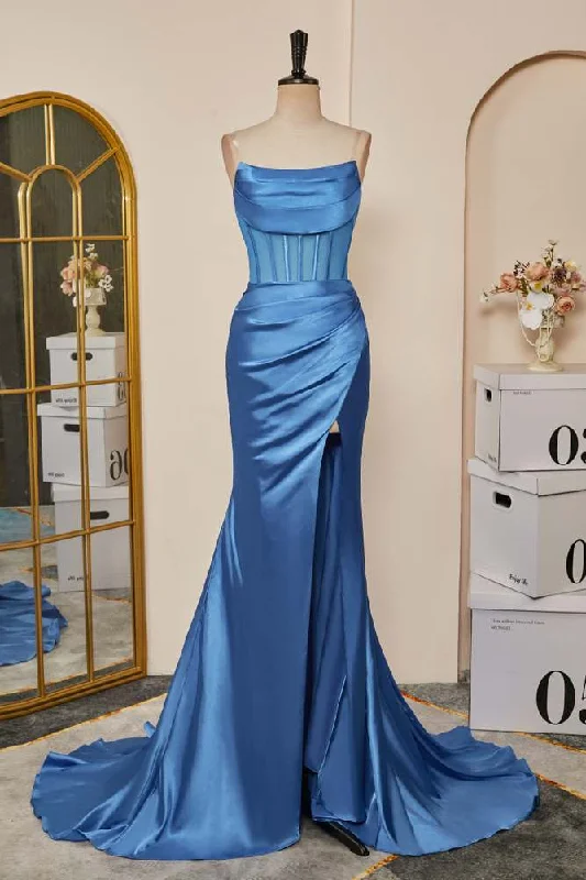 floral prom dressesBlue Pleated Strapless Mermaid Satin Long Prom Dress with Slit