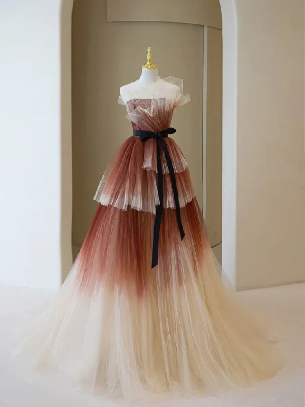 prom dresses with illusion panelsElegant Strapless A-Line Tulle Tiered Long Formal Prom Dress Ball Gown MD7519